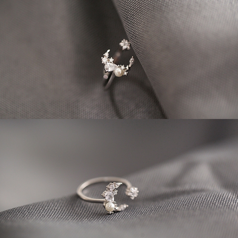Exquisite Ngôi Sao Mặt Trăng Pha Lê Ngọc Trai Nhẫn Bạc Star Moon Crystal Pearl Silver Ring Women Jewelry Accessories