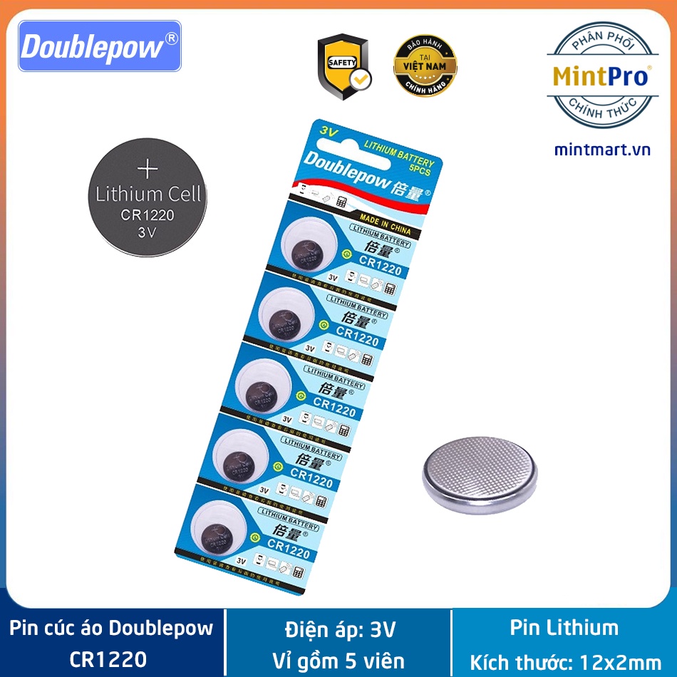 Vỉ 5 Viên Pin CR1220 Lithium 3V Doublepow Dùng Cho Remote ô tô, xe máy, cân điện tử, đồng hồ, máy đo kĩ thuật, CMOS