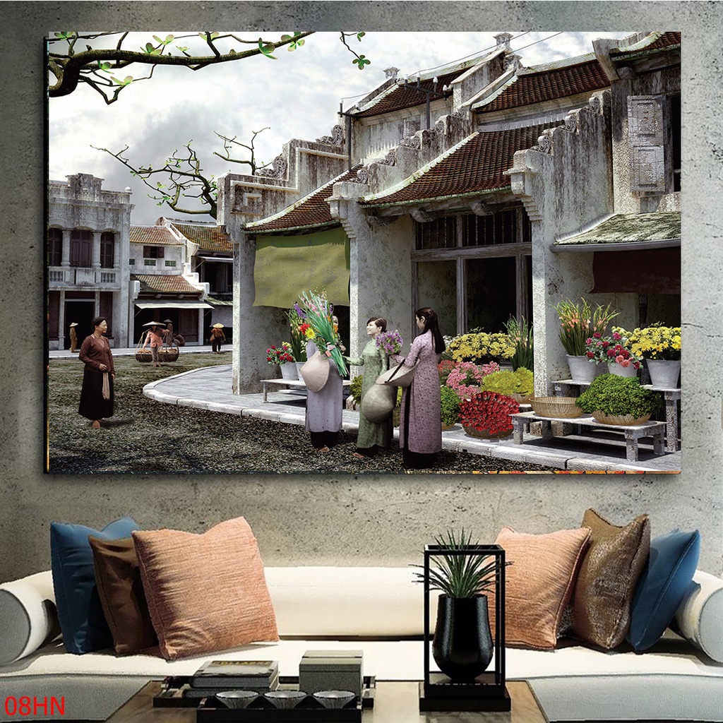 Tranh treo tường, tranh trang trí phòng khách, tranh canvas hà nội xưa, tranh decor