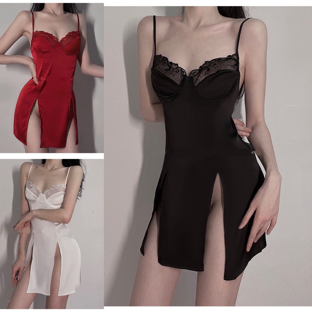 Váy ngủ lụa 2 dây xẻ đùi trơn sang trọng