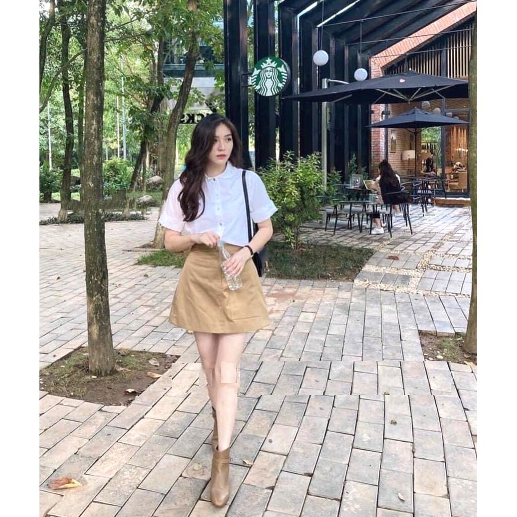Set Sơ Mi Chân Váy Túi Hộp PEONYB Nữ [FREESHIP] Bộ đồ áo kiểu kèm short zip kaki, dáng ngắn bánh bèo tiểu thư Ulzzang
