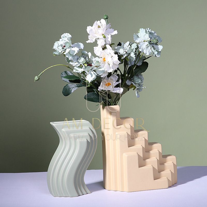 Bình gốm hình học nghệ thuật lượn sóng bậc thang cắm hoa Bắc Âu decor trang trí phòng khách sang trọng - AM Decor