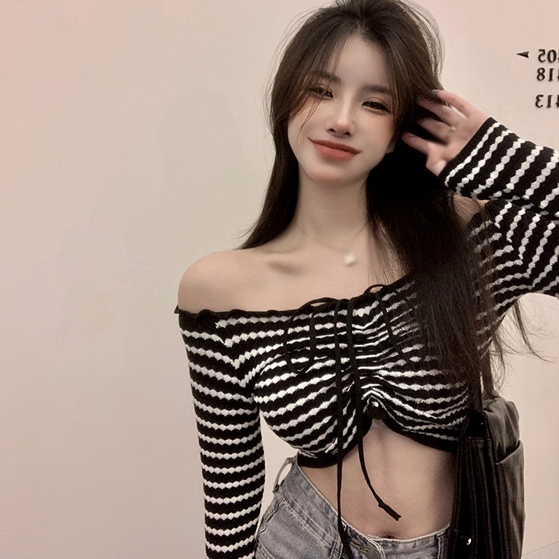 Áo Croptop Dệt Kim Tay Dài Hở Vai Màu Sắc Trơn Phối Dây Rút Phong Cách Hàn Quốc Quyến Rũ Cho Nữ