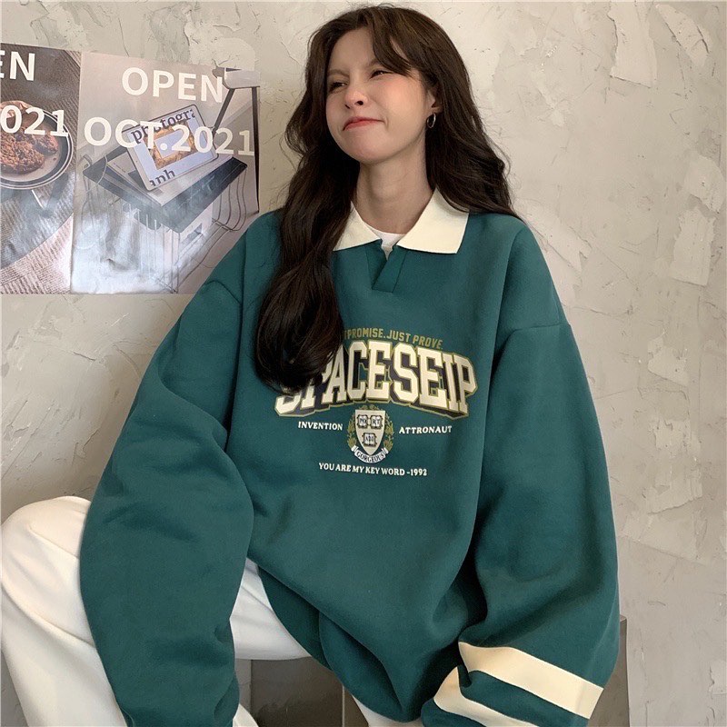 Áo Sweater Polo Nỉ Bông Unisex SPACESHIP màu XANH form rộng ✳️ Chất nỉ form nam nữ unisex/Áo tay dài có cổ JEJUL