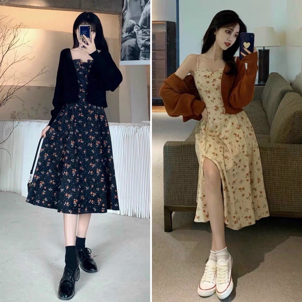 Set đầm váy 2s hoa + áo khoác croptop đỏ 💖 KÈM ẢNH THẬT 💖 BAO KIỂM ❌