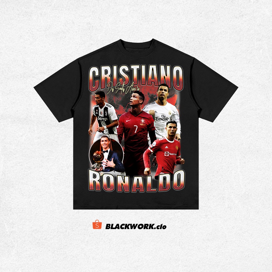 Áo Thun Vintage Ronaldo CR7 Tay Lỡ Unisex - Đen/Trắng Cổ Tròn | Blackwork
