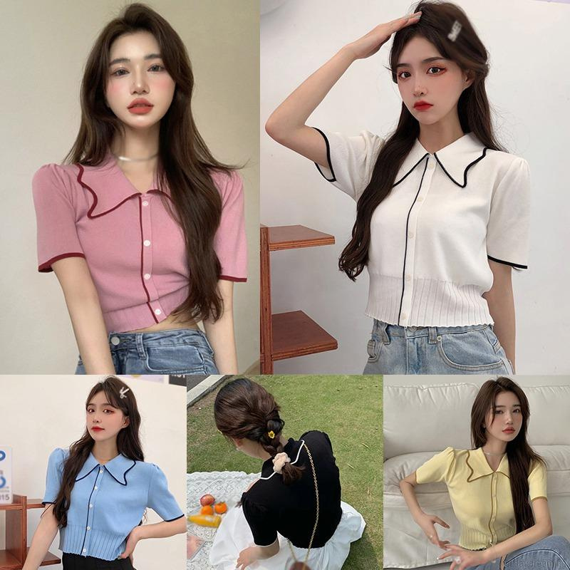 Áo Croptop Dệt Kim Tay Ngắn Thiết Kế Thanh Lịch Cho Phái Nữ