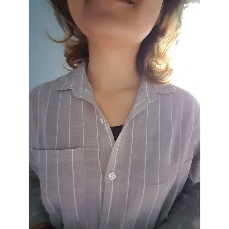 [Bigsize XL] Đầm sơ mi xám xanh sọc