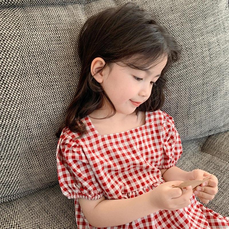 Đầm công chúa tay ngắn kẻ sọc caro xinh xắn cho bé gái