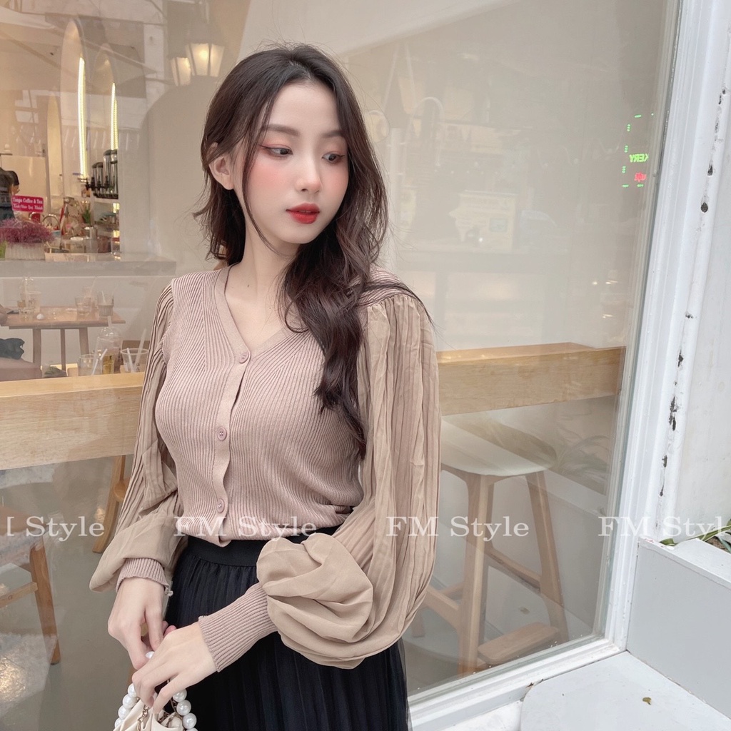 Áo kiểu FM Style, áo cổ V tay bồng, chất len phối voan 4 nút, thời trang