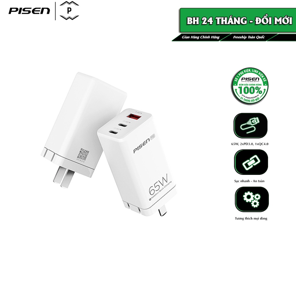 Sạc Pisen Pro GaN and Type-C (65W, 2xPD3.0, 1xQC4.0) - Hàng Chính Hãng