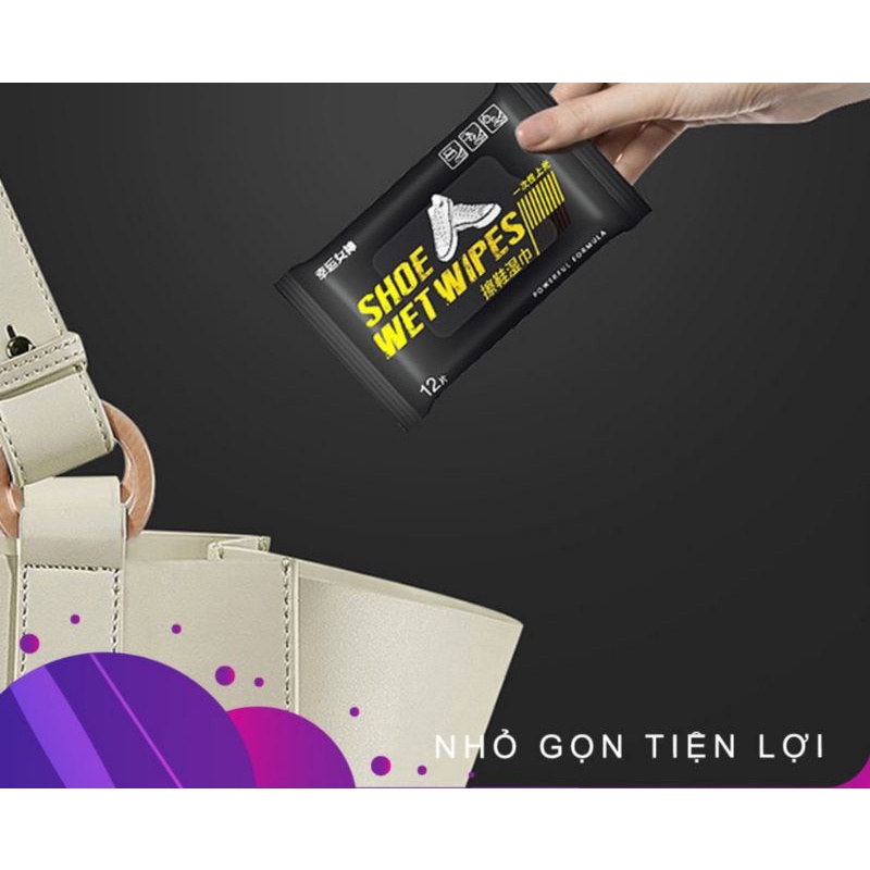Khăn Lau Giày SHOES WET WIPES Đen (12 khăn) - Làm Sạch Vết Bẩn Trên Giày