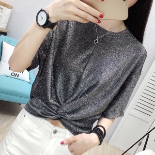 Áo thun nhũ xoắn eo cộc tay