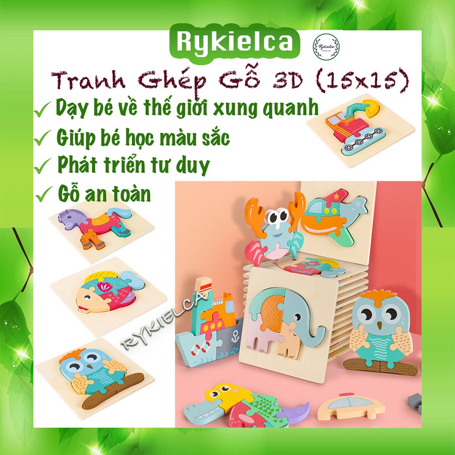 BỘ MÔ HÌNH TRANH GHÉP GỖ 3D NỔI, XẾP HÌNH BẰNG GỖ CHO BÉ, SIZE 15X15, CÓ IN HÌNH NHIỀU MẪU NGỘ NGHĨNH PHÁT TRIỂN TRÍ TUỆ