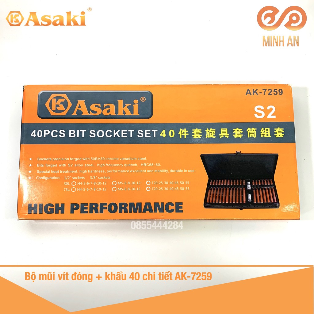 Bộ mũi vít đóng 40 chi tiết [HÀNG CHÍNH HÃNG] ASAKI AK-7259 - Hộp đựng bằng sắt chắc chắn, mũi vít + khẩu chất lượng tốt