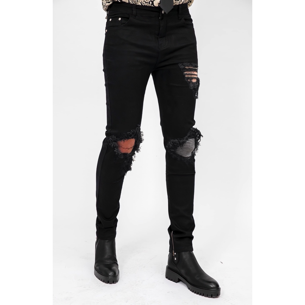 QUẦN BIKERJEANS RÁCH GỐI MÀU ĐEN GỐI XÁM
