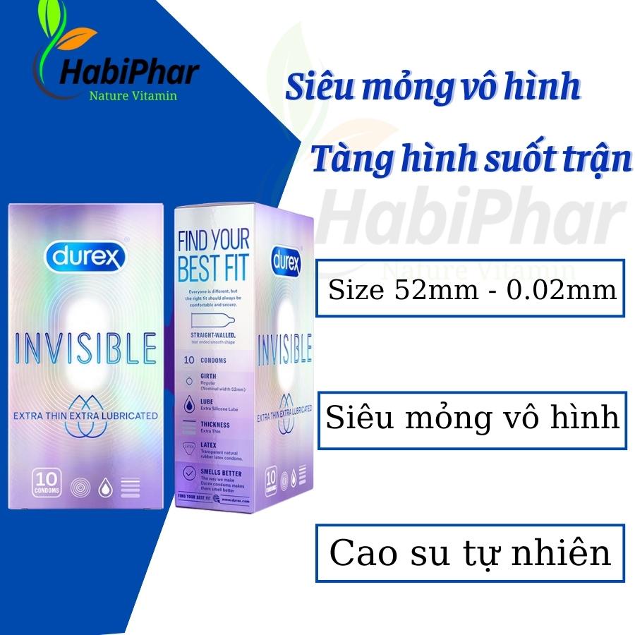 Bao cao su Durex Invisble Extra Thin Extra Sensitive siêu mỏng hộp 10c, Bcs trơn mỏng vô hình - HabiPhar