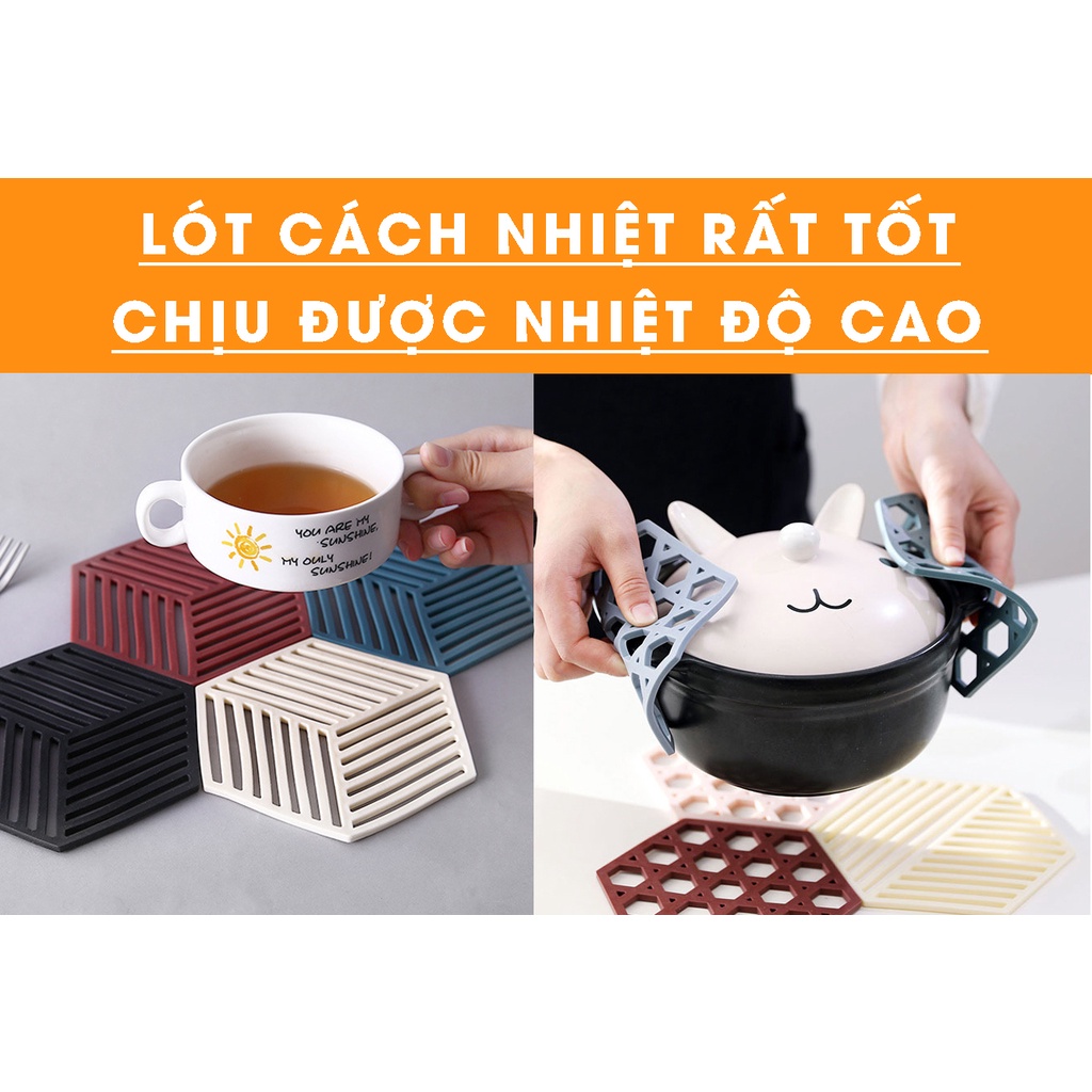 Miếng Đế Lót Nồi, Bát, Đĩa Silicon 12cmx14cm Cách Nhiệt, Chống Trơn Trượt Hình Lục Giác Tiện Lợi
