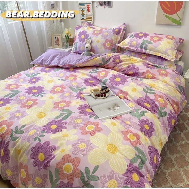 ❌ BỘ CHĂN GA GỐI COTTON POLY HOA NHIỀU MÀU PHỐI TÍM ❌