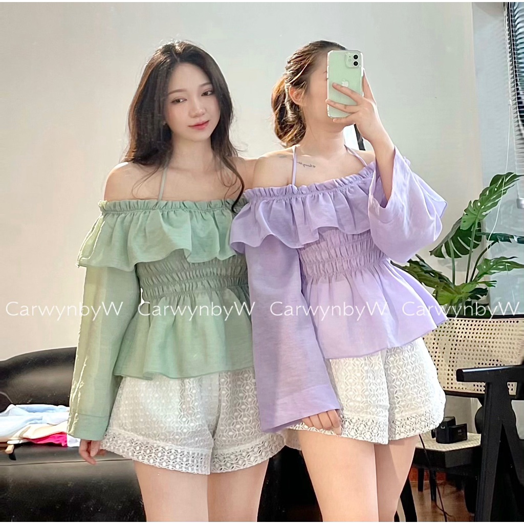 CarwynbyW - Áo Bèo Trễ Vai Tay Dài Nhúng Eo Màu Pastel