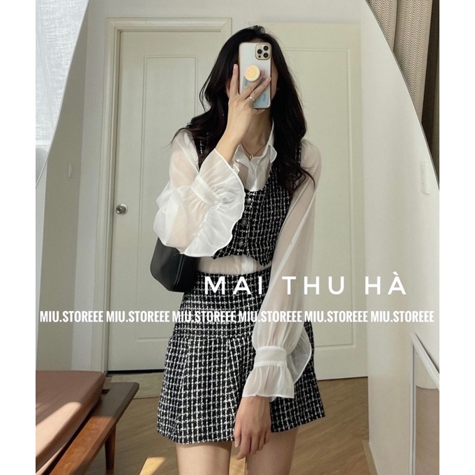 [ẢNH THẬT] SET 3 MÓN DẠ TWEED ÁO SƠ MI VOAN PHỐI BÈO + GILE KẺ CARO KÈM CHÂN VÁY A