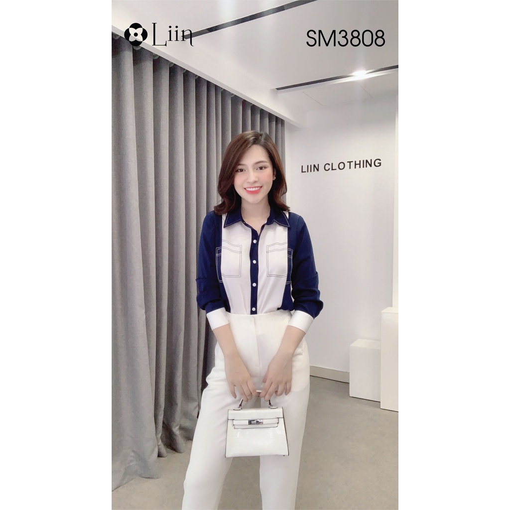 Áo Sơ Mi thiết kế cách điệu màu Trắng Xanh kiểu dáng trẻ trung, thanh lịch Liin Clothing SM3808