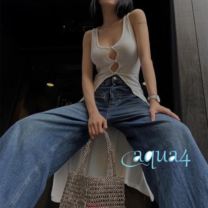 Anana-áo Sát Nách Cổ Chữ U Xẻ Tà Trước Dài Vừa Vặn Màu Trơn Cho Nữ