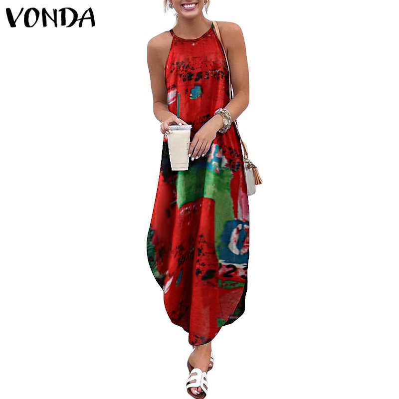 Đầm Maxi VONDA Không Tay In Họa Tiết Phong Cách Bohemian Cổ Điển Dành Cho Nữ