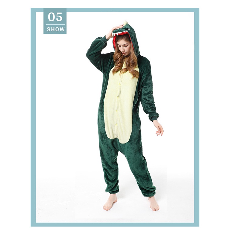 Bộ Đồ Ngủ Liền Thân Hình Khủng Long Xanh Lá Hoạt Hình Có Mũ Cho Nam Nữ