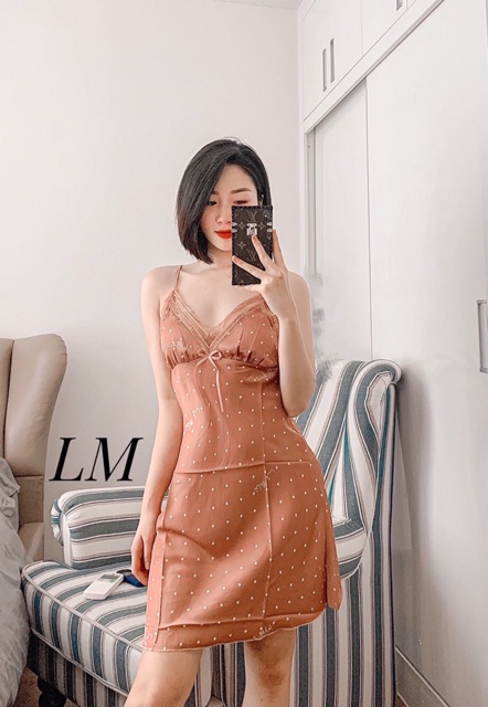 Bộ ngủ lụa 2 dây chấm bi kèm mút ngực Kenshop0602 - váy ngủ lụa 2 dây cao cấp chấm bi