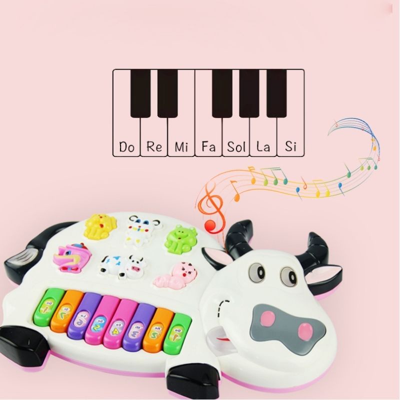 Đồ chơi đàn piano hình con vật AIQ cao cấp, Đàn Piano hình con bò, thỏ đèn led sáng nhấp nháy, âm thanh 2 chế độ