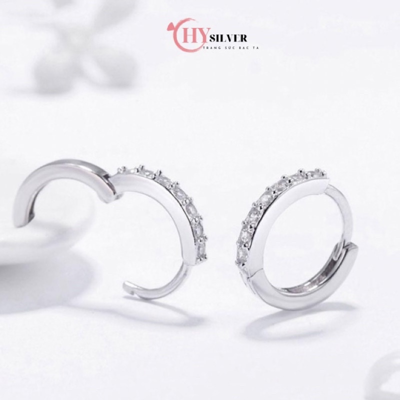 Bông tai dạng bấm bạc ta đính đá nhỏ xinh hàng đẹp đường kính 1cm hoa tai nữ bạc thật giá rẻ CHY SILVER