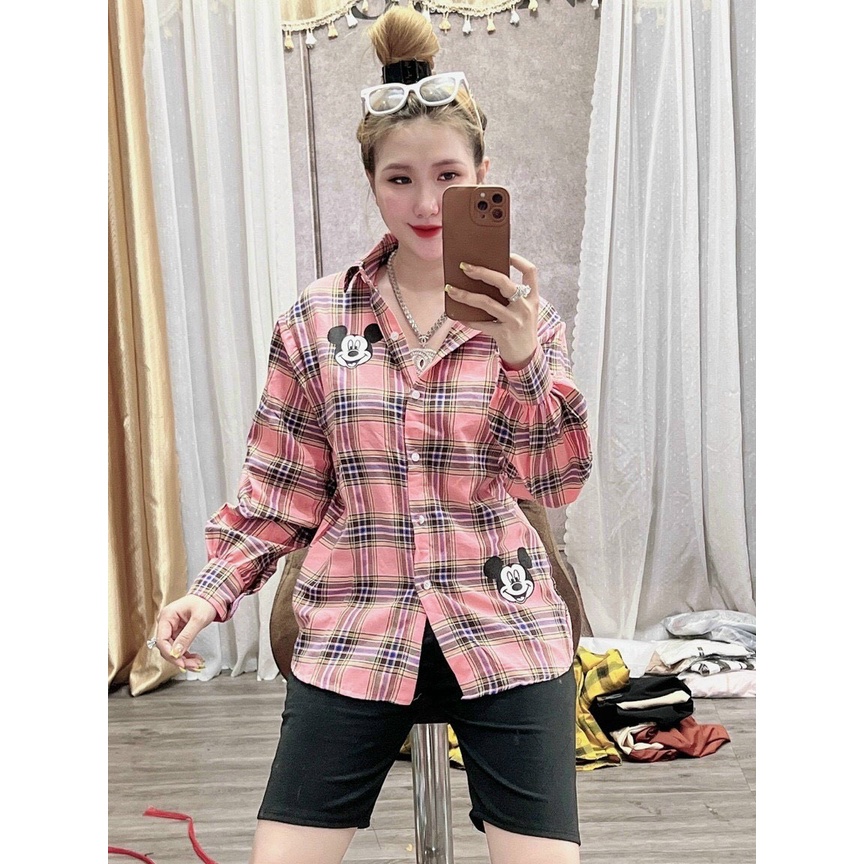 Set Bộ Áo Sơ Mi Caro Mix 2 Mèo Mickey Chéo Kèm Quần Ngố Siêu Xinh