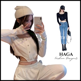 Áo croptop dài tay khoét eo phối dây ôm eo len tăm cổ tròn AKE004