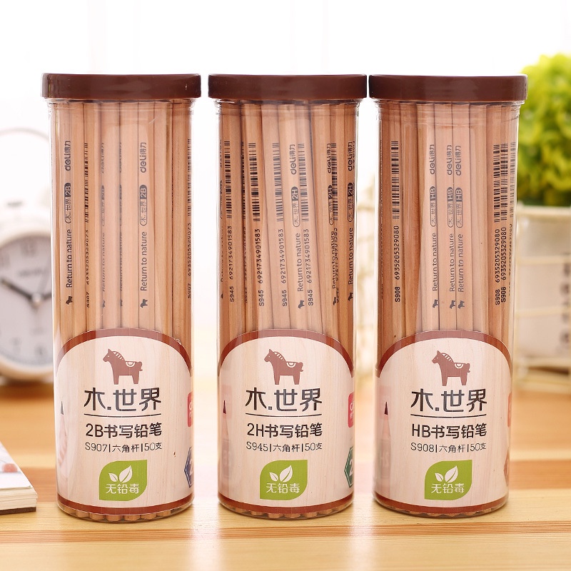 Hộp 50 chiếc Bút chì gỗ Deli màu đậm Tặng 1 gọt chì tiện lợi (hộp tròn)