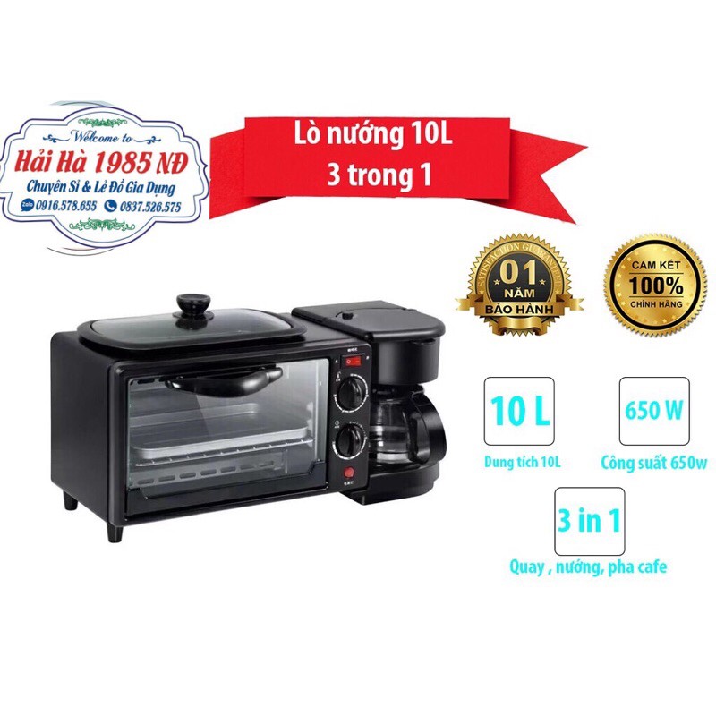 [HOT- Hàng nội địa] Lò nướng 10 Lít 3 trong 1 kèm ấm đun nước, pha trà, pha cà phê và chảo rán tiện lợi