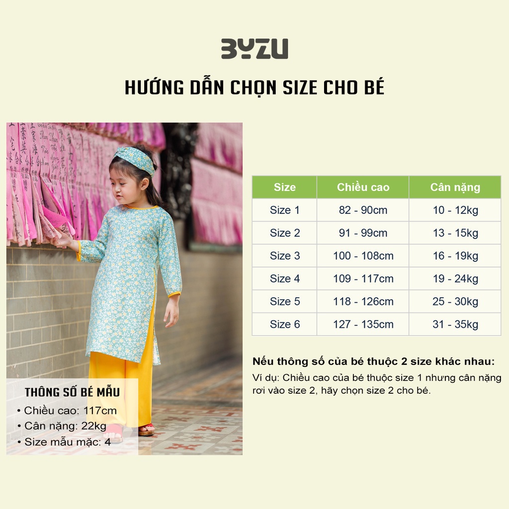 Set áo dài cho bé gái BYZU kiểu áo dài cách tân hoa nhí, chất liệu Linen màu xanh cực yêu