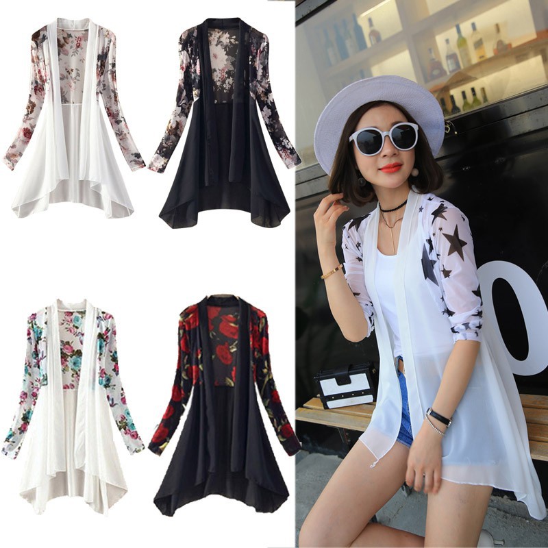 FREESHIP ĐƠN 99K_ Áo Khoác Cardigan Chất Chiffon Hoạ Tiết Hoa Thiết Kế Dáng Rộng Thoải Mái