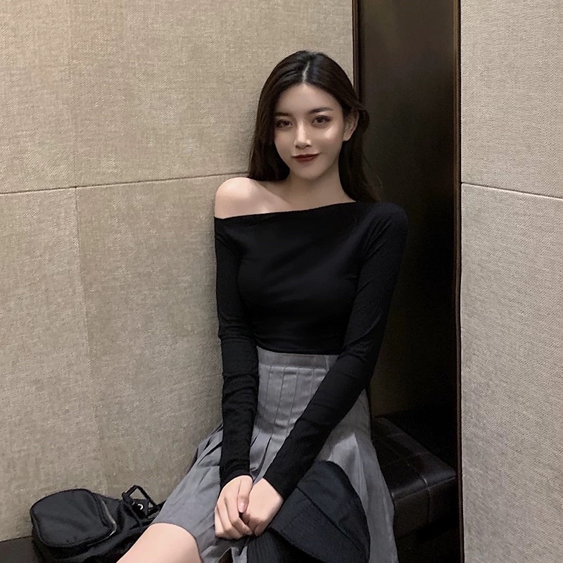 Áo thun lệch vai dài tay nữ ôm body sexy phong cách mùa thu 2022