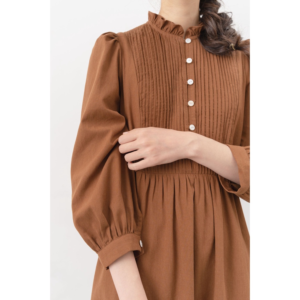 Váy liền dài tay vintage cổ nhún bèo nâu MADELEN