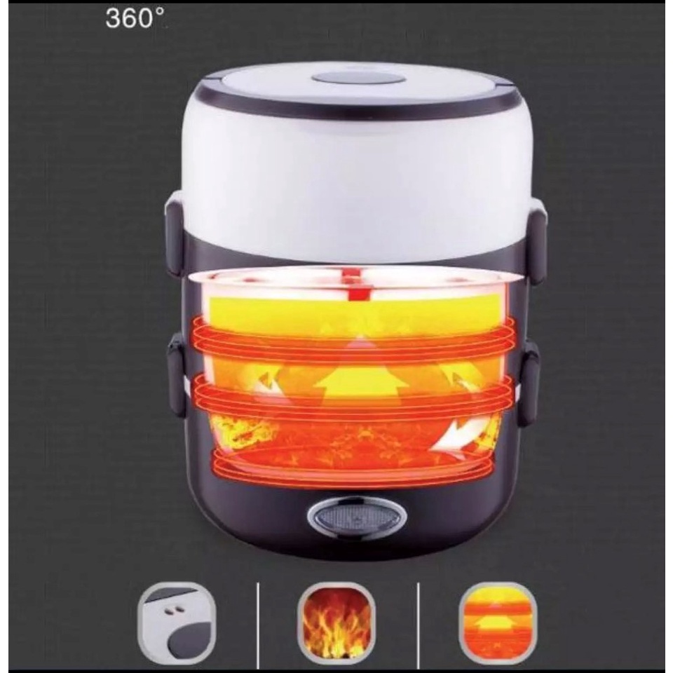 Hộp cơm đen trắng cao cấp Lunchbox cắm điện 3 tầng