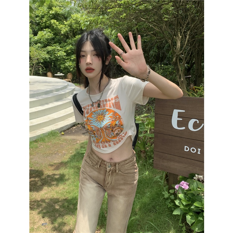 Áo Thun Ngắn Tay In Họa Tiết Phong Cách retro Mỹ Cho Nữ