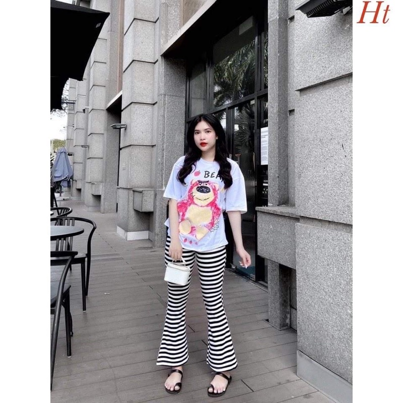 Sét áo gấu dâu hồng+quần loe kẻ HT12