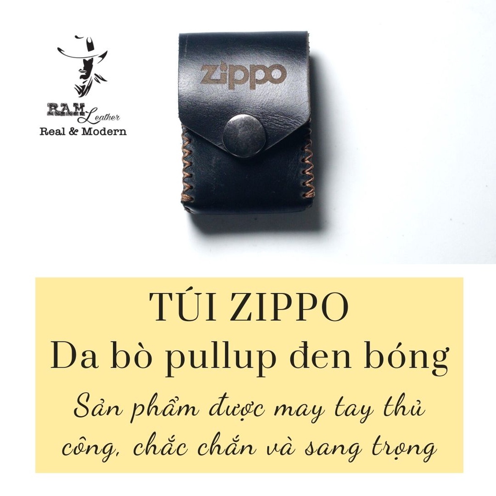 Bao da Zippo Da Bò Thật Màu Đen Bóng - Chính Hãng Ram Leather