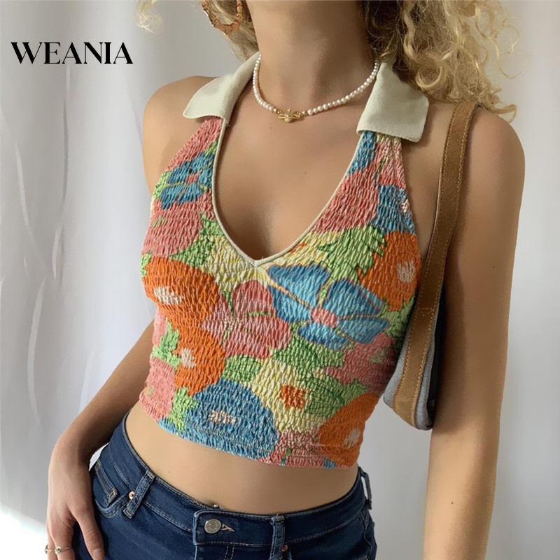 Áo Tank Top Cổ V Hở Lưng In Hoa Xinh Xắn Cho Nữ