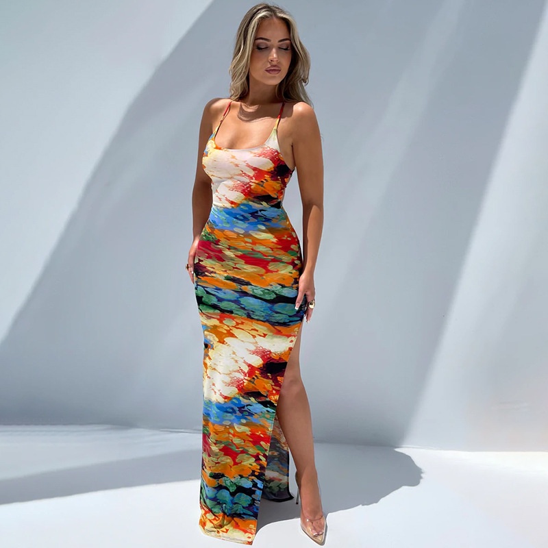 Đầm Cổ Yếm Cột Dây Hở Lưng In Họa Tiết Nhiều Màu Sắc Thời Trang Quyến Rũ Cho Nữ