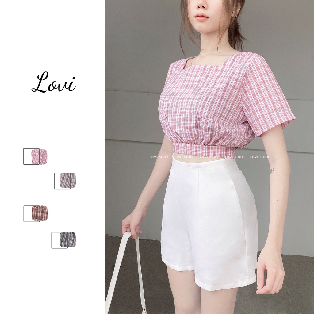 LOVI SHOP- Áo croptop caro nơ lưng cổ vuông tay ngắn 4 màu vintage