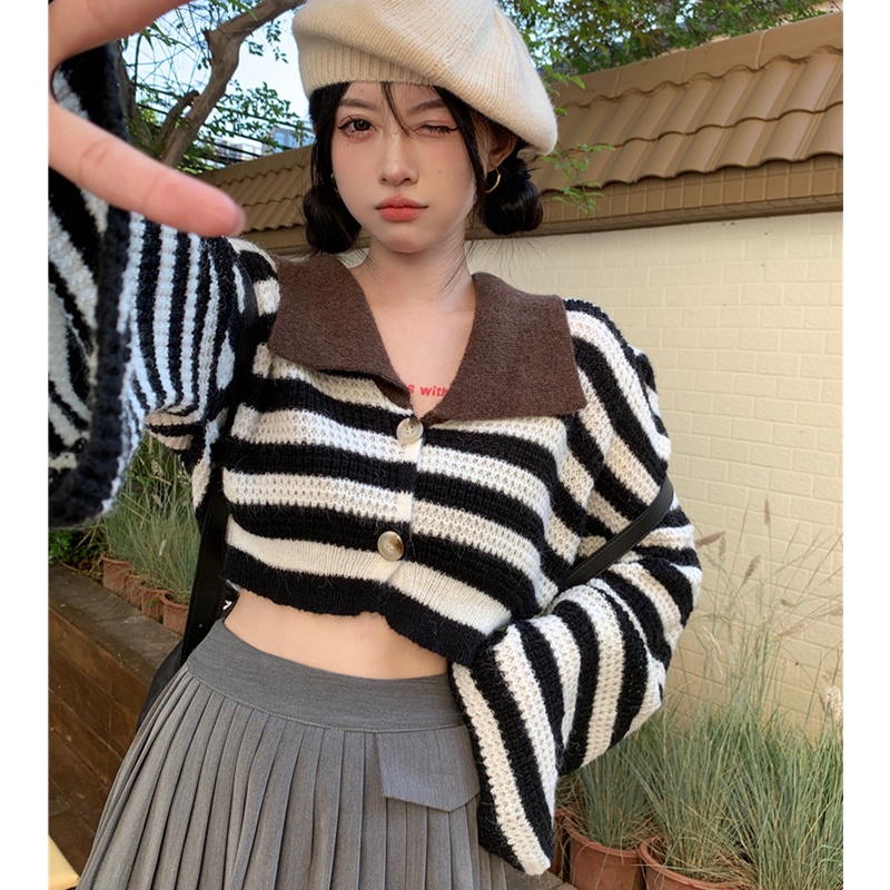 Áo Khoác Cardigan Dệt Kim Cổ polo Họa Tiết Kẻ Sọc Màu Tương Phản Thời Trang