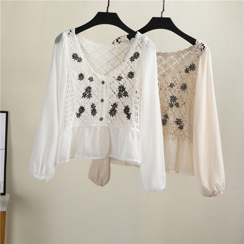 NUZIRO  Áo cardigan  vải voan đan móc thêu hình dệt tay phồng phong cách Hàn Quốc cho nữ