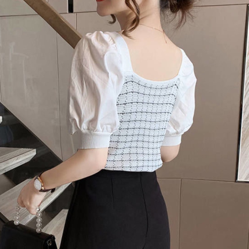 Áo Kiểu Tay Ngắn Phồng Phong Cách Hàn Quốc 175286 Áo Dệt Kim Tay Ngắn Cổ Vuông Phong Cách Phương Tây Dễ Phối Đồ Thời Trang